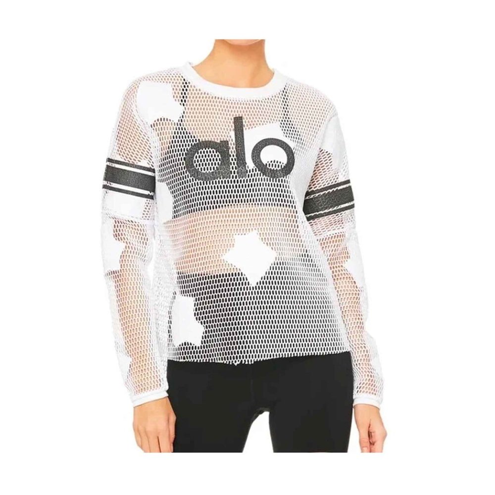 Alo Yoga White Jersey Net Long Sleeve Top Med